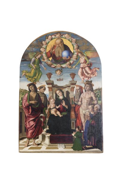 Madonna en kind op de troon met heiligen door Giovanni Santi