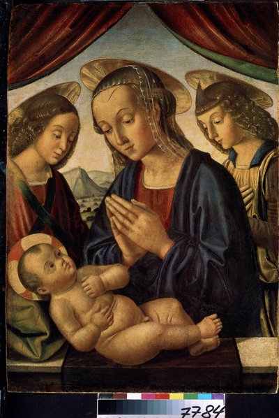 De Maagd en het kind met engelen door Giovanni Santi or Sanzio