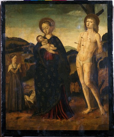 Madonna en Kind met St. Sebastiaan en een Herderin door Giovanni Santi or Sanzio