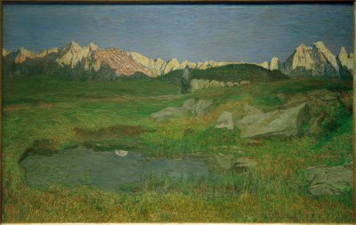 Alpenlandschap bij zonsondergang door Giovanni Segantini