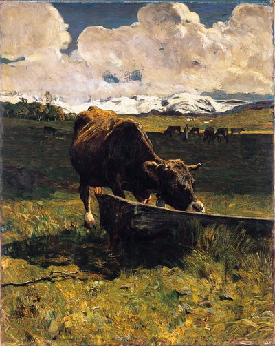 Bruine koe bij trog door Giovanni Segantini