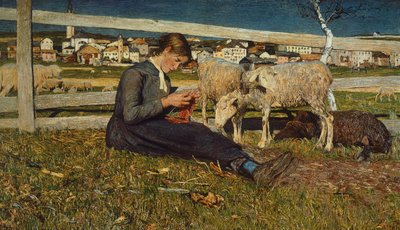 Meisje dat sokken maakt, door Giovanni Segantini, olieverf op doek door Giovanni Segantini