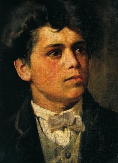 Zelfportret op 20-jarige leeftijd, door Giovanni Segantini (1858-1899), olieverf op doek, 35x26 cm door Giovanni Segantini