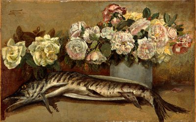 Stilleven met bloemen en vis of Snoek en rozen door Giovanni Segantini