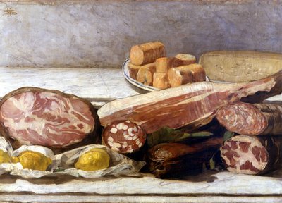 De vreugde van kleur, stilleven van vleeswaren. Schilderij door Giovanni Segantini (1858-1899). 1886. Milaan, al. privee door Giovanni Segantini