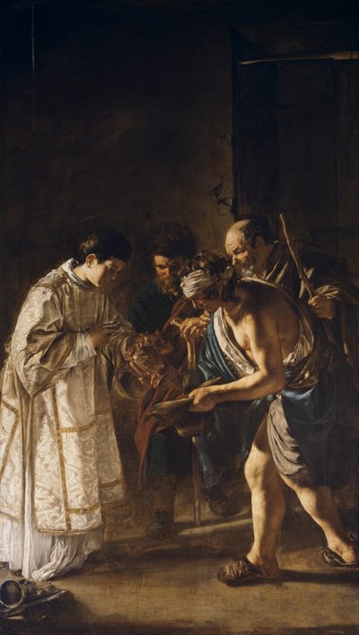 Lorenzo verdeelt de goederen van de kerk aan de armen door Giovanni Serodine