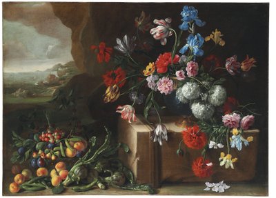 Chrysanten, tulpen, irissen en andere bloemen en fruit in een landschap door Giovanni Stanchi