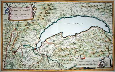 Meer van Genève, uit een tweedelig stadboek van Savoye en Piëmont, gegraveerd door Joannes de Broen door Giovanni Tommaso (after) Borgionio