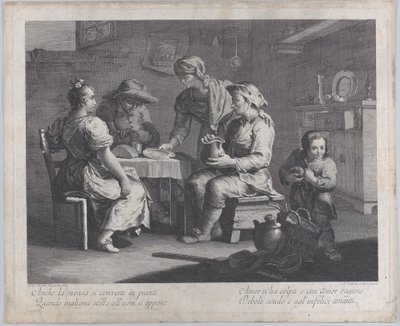 Drie mensen zittend rond een tafel links terwijl een man een leeg bord brengt... door Giovanni Volpato