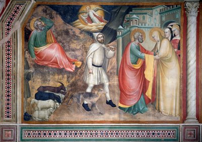 Het leven van de Maagd: de annunciatie aan Joachim en ontmoeting met St. Anna bij de gouden poort door Giovanni da Milano