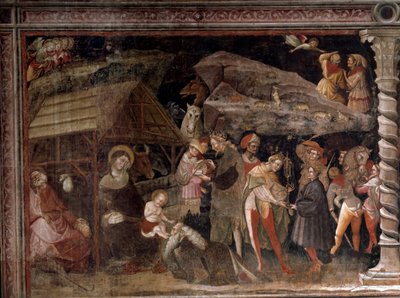 Geboorte van Christus. Uit de cyclus van de Wijzen (Fresco, ca 1420) door Giovanni da Modena