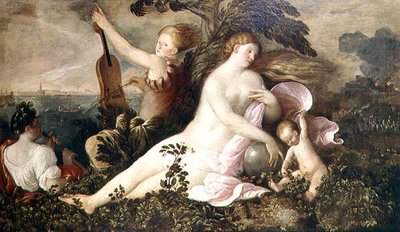 Allegorie van een Venetiaanse overwinning, de centrale figuur van Fortuna of Kans vergezeld door figuren die Natuur en Muziek symboliseren, c.1518 door Giovanni de Busi Cariani