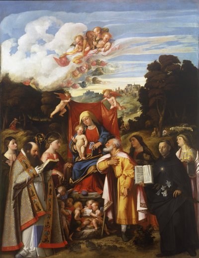 Madonna op de troon met engelen, St. Apollonia, St. Augustinus, St. Catharina, St. Jozef, St. Grata, St. Philip Benizzi en St. Barbara (St. Gotthard Altaarstuk) door Giovanni de Busi Cariani