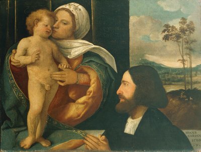 Madonna met Kind en devote, door Giovanni Cariani door Giovanni de Busi Cariani