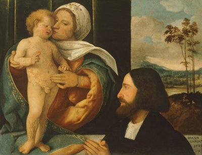 Madonna met kind en toegewijde door Giovanni Cariani door Giovanni de Busi Cariani