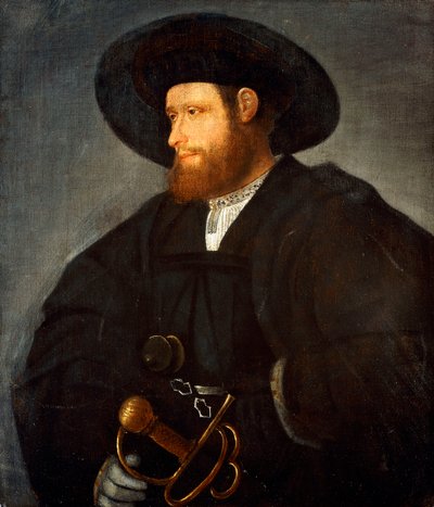 Portret van een Heer, halve lengte, in een zwart kostuum en een zwarte hoed door Giovanni de Busi Cariani