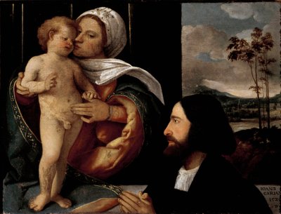 Maagd en Kind met een devote man door Giovanni de Busi Cariani