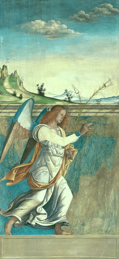 Aartsengel Gabriël, annunciatiepaneel oorspronkelijk een van de buitenluiken van het orgel in San Bartolomeo, Vicenza door Giovanni de