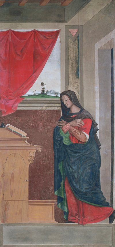 Maagd Annunciate, annunciatiepaneel oorspronkelijk een van de buitenluiken van het orgel in San Bartolomeo, Vicenza door Giovanni de