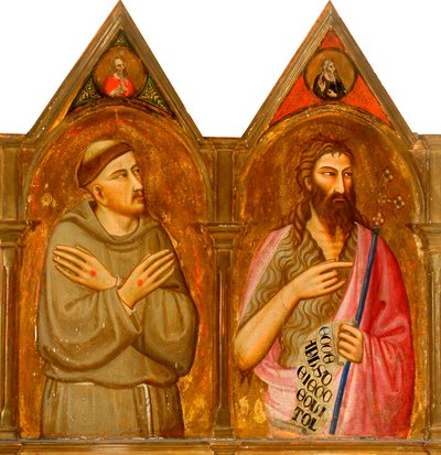 Sint Franciscus en Johannes de Doper (linkerpanelen van drieluik) door Giovanni del (follower of) Biondo