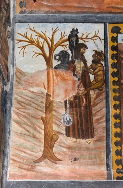 Verhalen van de Passie van Christus: Judas, na Jezus verraden te hebben voor dertig denarii, hangt zichzelf op door Giovanni di Cherasco Botoneri