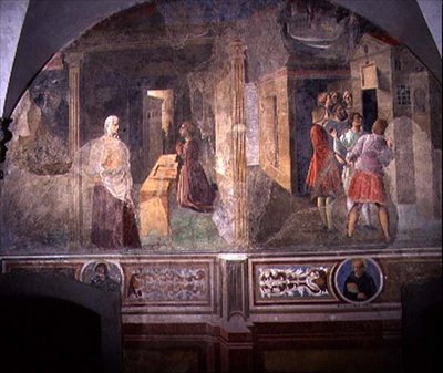 Sint Benedictus repareert de gebroken zeef, detail van de fresco cyclus van het Leven van Sint Benedictus uit de Chiostro degli Aranci, ca. 1430 door Giovanni di Consalvo (attr. to)