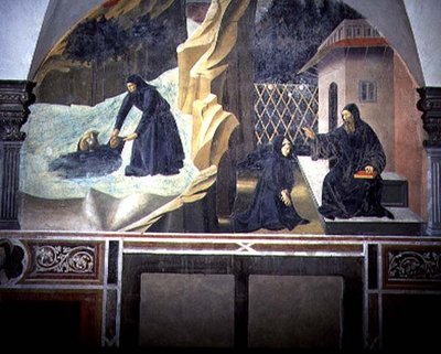 St. Benedictus stuurt Mauro om de verdrinkende Placidus uit het meer te redden (detail) door Giovanni di Consalvo (attr. to)