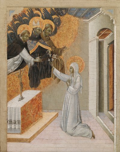 Predella-paneel van een altaarstuk: St. Catharina van Siena bekleed met het Dominicaanse habijt door Giovanni di Paolo