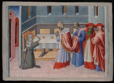 Sint Clara van Assisi zegent het brood voor paus Innocentius IV door Giovanni di Paolo
