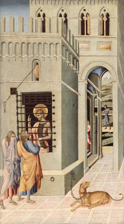 Johannes de Doper in de gevangenis bezocht door twee discipelen door Giovanni di Paolo