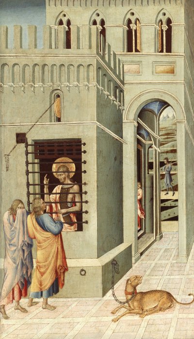 Sint Johannes de Doper in de gevangenis bezocht door twee discipelen, 1455-1460 door Giovanni di Paolo