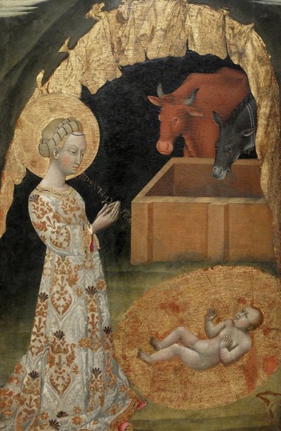 De Geboorte, Sint Victtorino, Sint Ansano, centraal detail door Giovanni di Paolo di Grazia