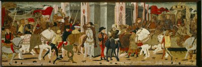 Paneel van Cassone: Triomfantelijke intocht van Romulus en Tatius in Rome door Giovanni di Ser Giovanni