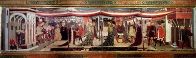 Huwelijksceremonie op het renaissancepaneel dat de Cassone Adimari siert. Huwelijksscène op Piazza del Duomo door Giovanni di Ser Giovanni Scheggia