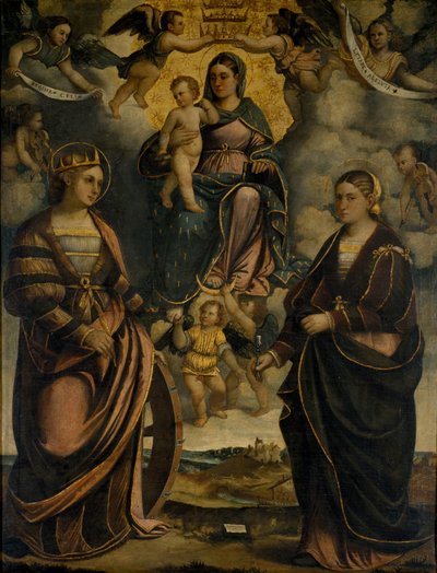 Madonna en Kind tussen de heiligen Catharina en Apollonia, 1526 door Girolamo Dal Toso