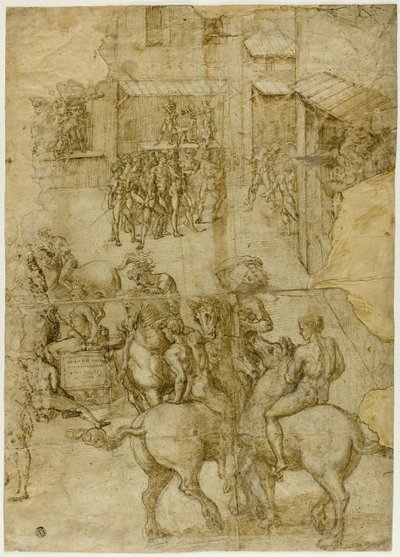 Mythologische optocht (recto); Onleesbare inscripties en anatomische studies van hoofd (verso) door Girolamo Genga