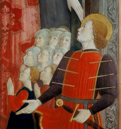 Detail van St. Sebastiaan, Madonna della Misericordia met St. Venantius en St. Sebastiaan, 1463 door Girolamo Giovanni