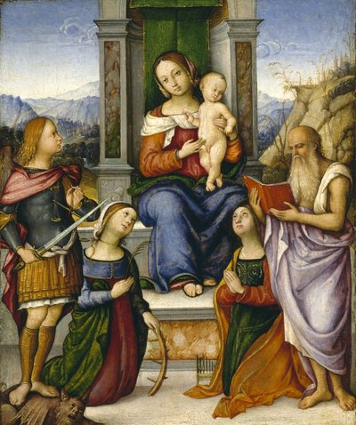 De Maagd en Kind op de troon met heiligen Michael, Catharina van Alexandrië, Cecilia en Hiëronymus door Girolamo Marchesi da Cotignola