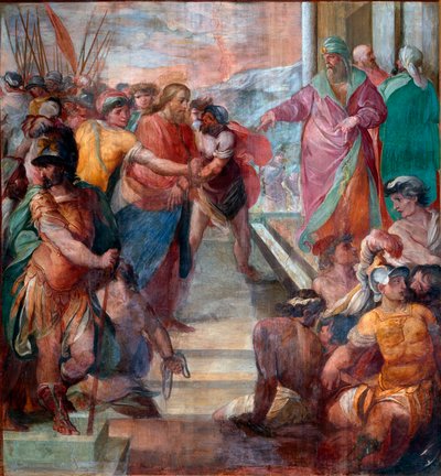 Christus wordt voor Caïphas geleid (detail) van een van de fresco