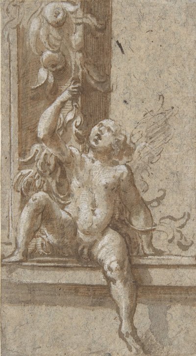 Een Putto Zittend op een Lijst, ca. 1538-40 door Girolamo Mazzola Bedoli