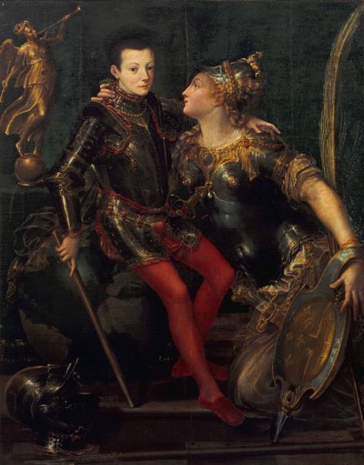 Allegorisch portret van Parma omarmt Alessandro Farnese door Girolamo Mazzola Bedoli