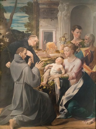 Heilige familie met St. Antonius van Padua, St. Franciscus van Assisi en St. Johannes de Evangelist door Girolamo Mazzola Bedoli