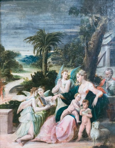 Heilige familie met de Doper en engelen door Girolamo Mazzola Bedoli