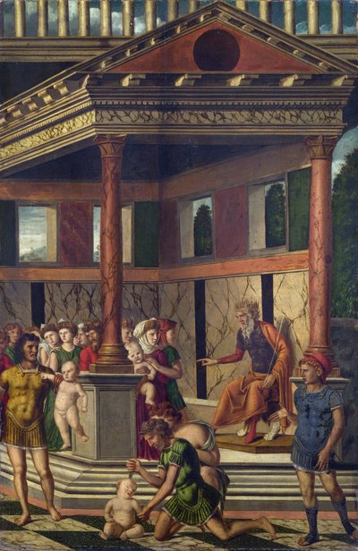 De kindermoord met Herodes door Girolamo Mocetto
