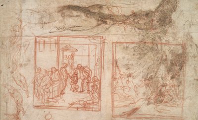 Studie van een Boom (r); Figuren- en Compositiestudies (v) door Girolamo Muziano