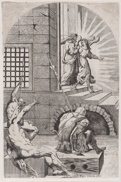 Sint Petrus wordt door de engel uit de gevangenis bevrijd door Girolamo Pedrignani
