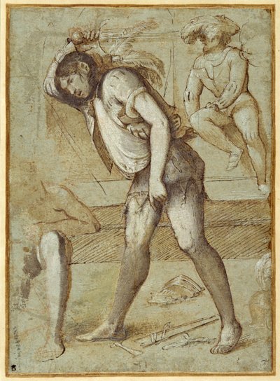 Een beul op het punt een baardige heilige te onthoofden door Girolamo Romanino