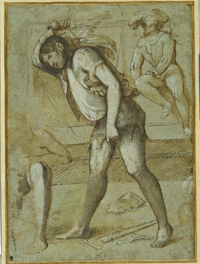 Een beul op het punt een bebaarde heilige te onthoofden door Girolamo Romanino