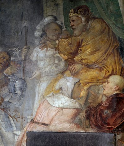 Nebukadnezar, detail van het wonder van Daniels drie metgezellen, fresco door Girolamo Romanino (ca 1484-na 1562), detail van de rechter muur van de Kerk van Sint Antonius Abt, Breno, Italië door Girolamo Romanino