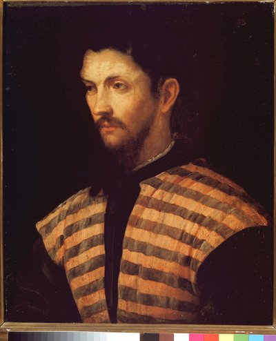 Portret van een heer met een gestreepte jas door Girolamo Romanino